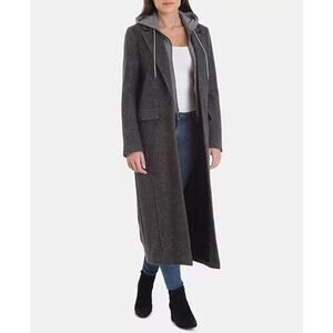 Avec Les Filles Hooded Wool Blend Long Coat Black White XL NWT